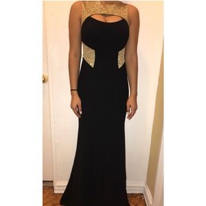 Theia Couture Graphic Gold and Black Gown